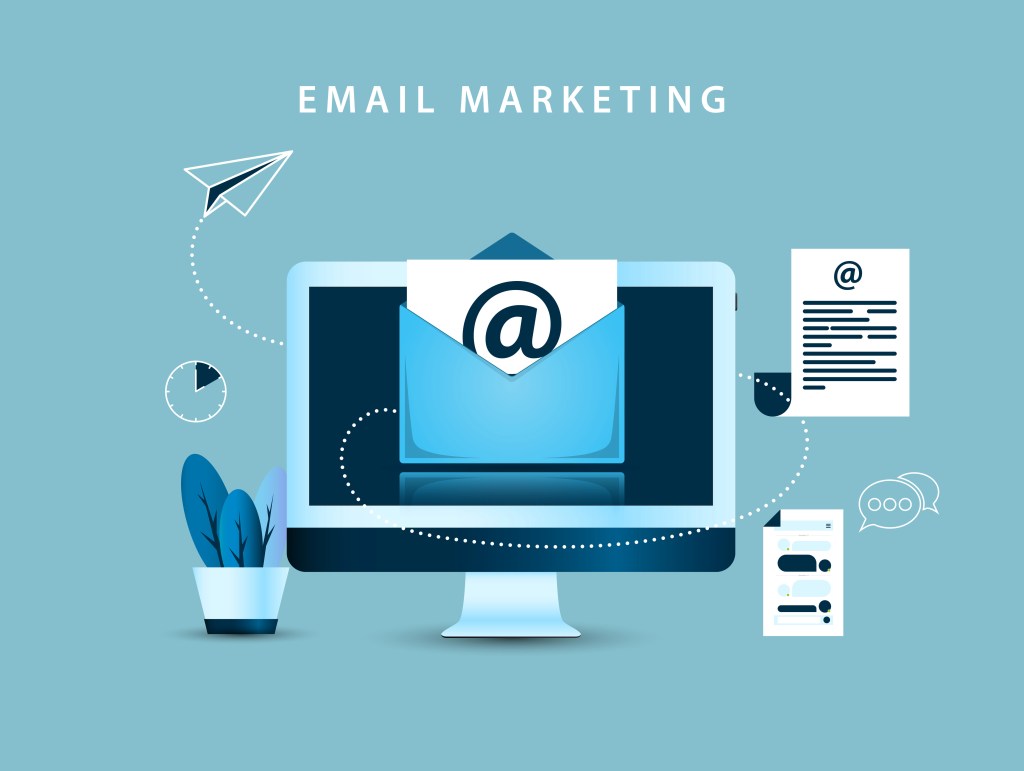 E-mail marketing concept. Creative template in blue style. Vector illustration