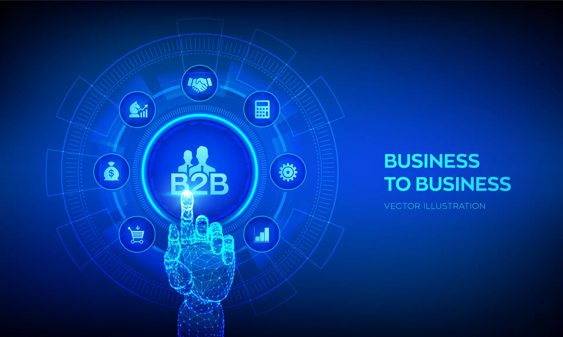 A digital wireframe hand points to a glowing B2B Digital Marketing button surrounded by business icons on a blue tech-themed background, with the words Business to Business on the right.