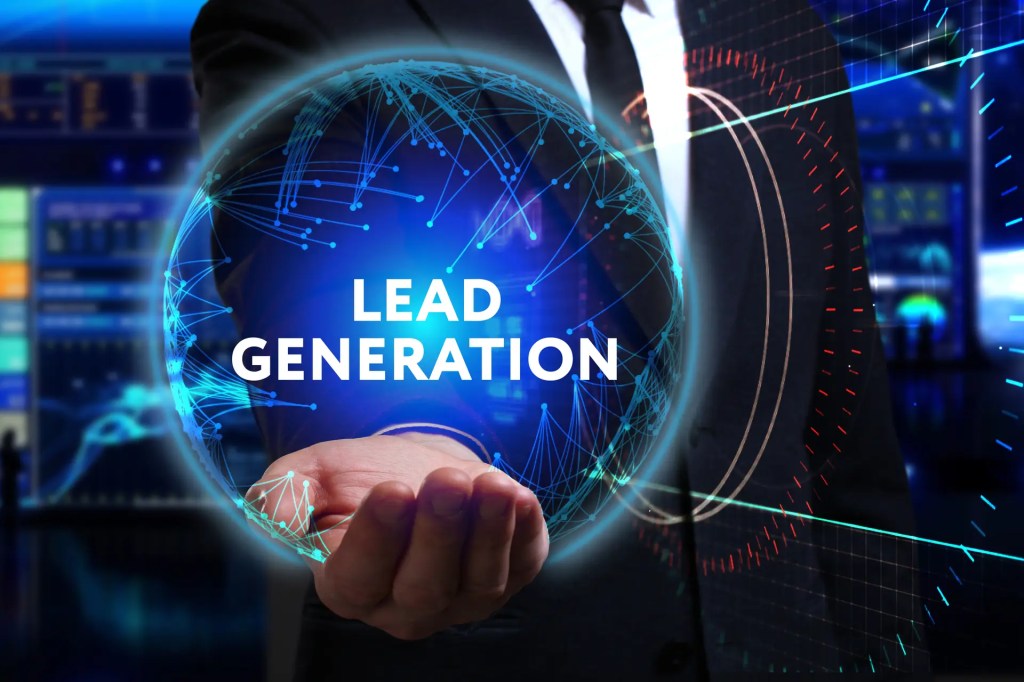 Lead Generation Consulting image with man holding a futuristic 3d sign that says Lead Generation.