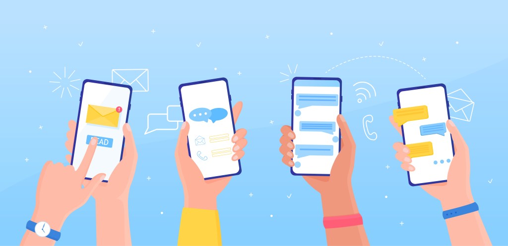 New chat messages notification on mobile phone. Sms bubbles on cellphone screen. People chatting. Vector flat design