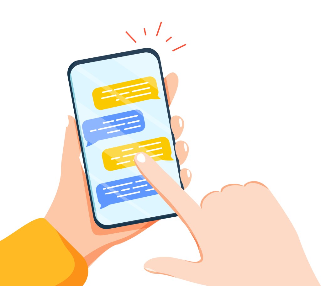 Pair of hands holding smartphone or mobile phone with chat or messenger application on screen. Instant messaging and chatting, online communication. Colorful vector illustration in flat cartoon style.