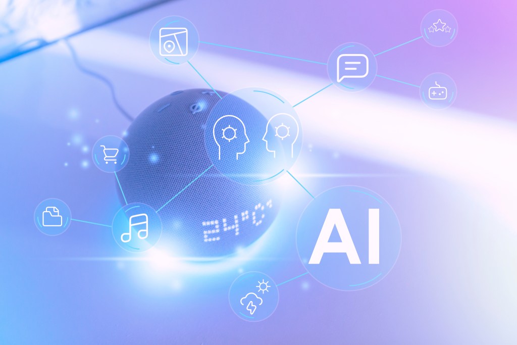 Ai, the concept of artificial intelligence use analytics, automation, and an autonomous brain. big data management, voice controlled speaker with activated voice recognition. intelligence technology, ChatGPT, Automated robotic