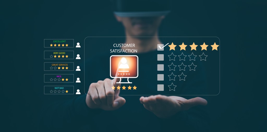 Man touch smartphone with Customer review satisfaction feedback survey concept, User give rating to service experience on online application, service leading to reputation ranking of business.