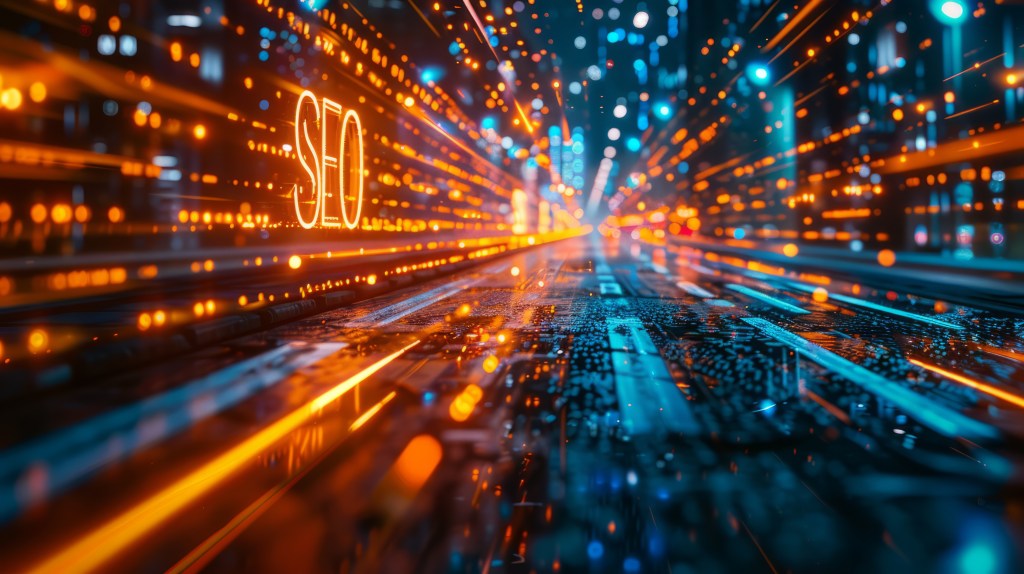 Dynamic image of the acronym SEO illuminated on a digital background, symbolizing internet marketing and search optimization. High quality illustration