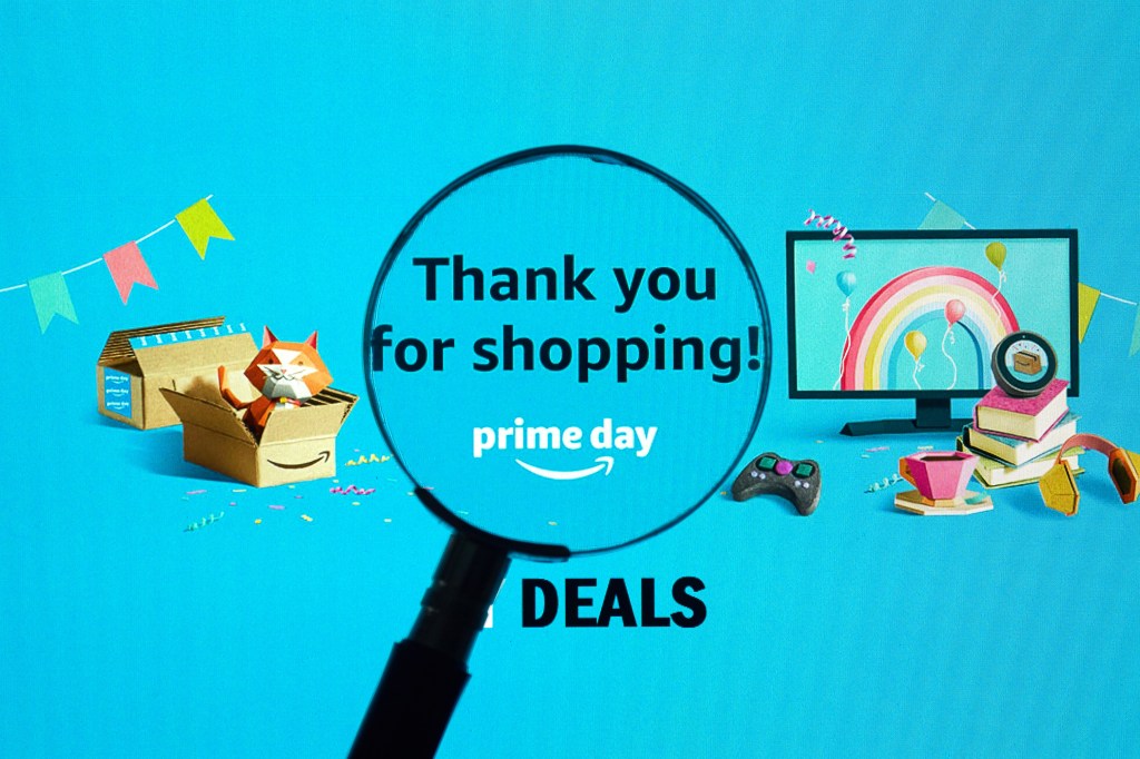 Amazon prime day Thank you page under magnifying glass. Amazon Prime Day is the retailer's big members-only summer sale in month of July every year.
