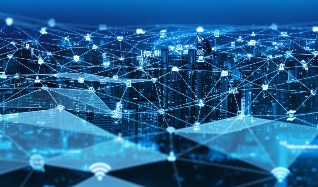 The modern creative communication and internet network connect in smart city . Concept of 5G wireless digital connection and internet of things future.