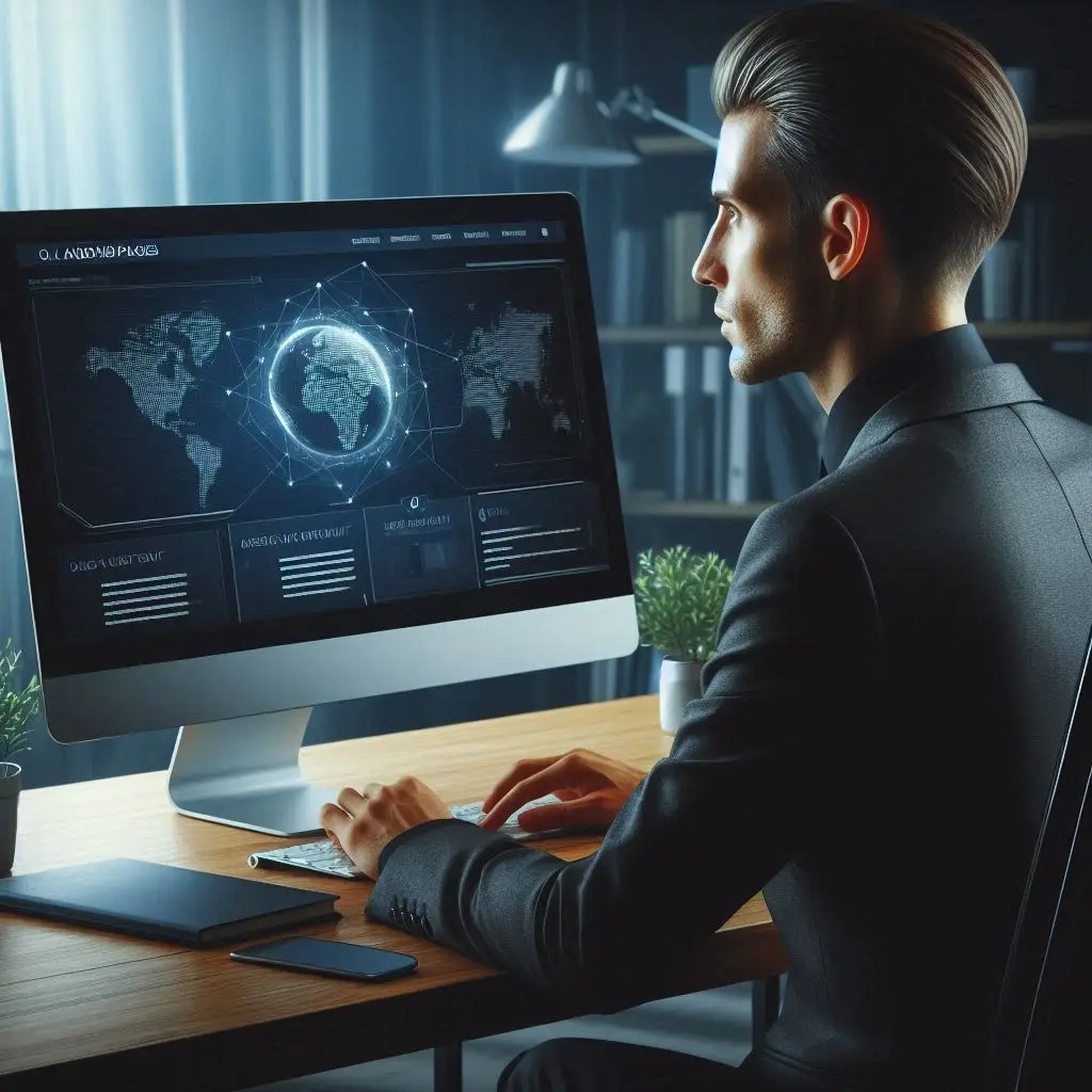 Well dressed man sitting at a computer desk designing landing pages with a world wide reach.