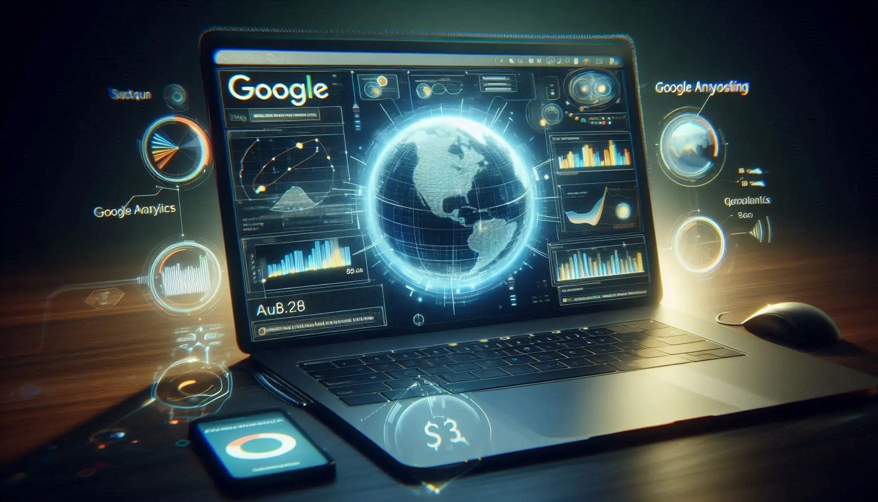A laptop computer sitting on a flat desk with a representation of Google Ads analytics.