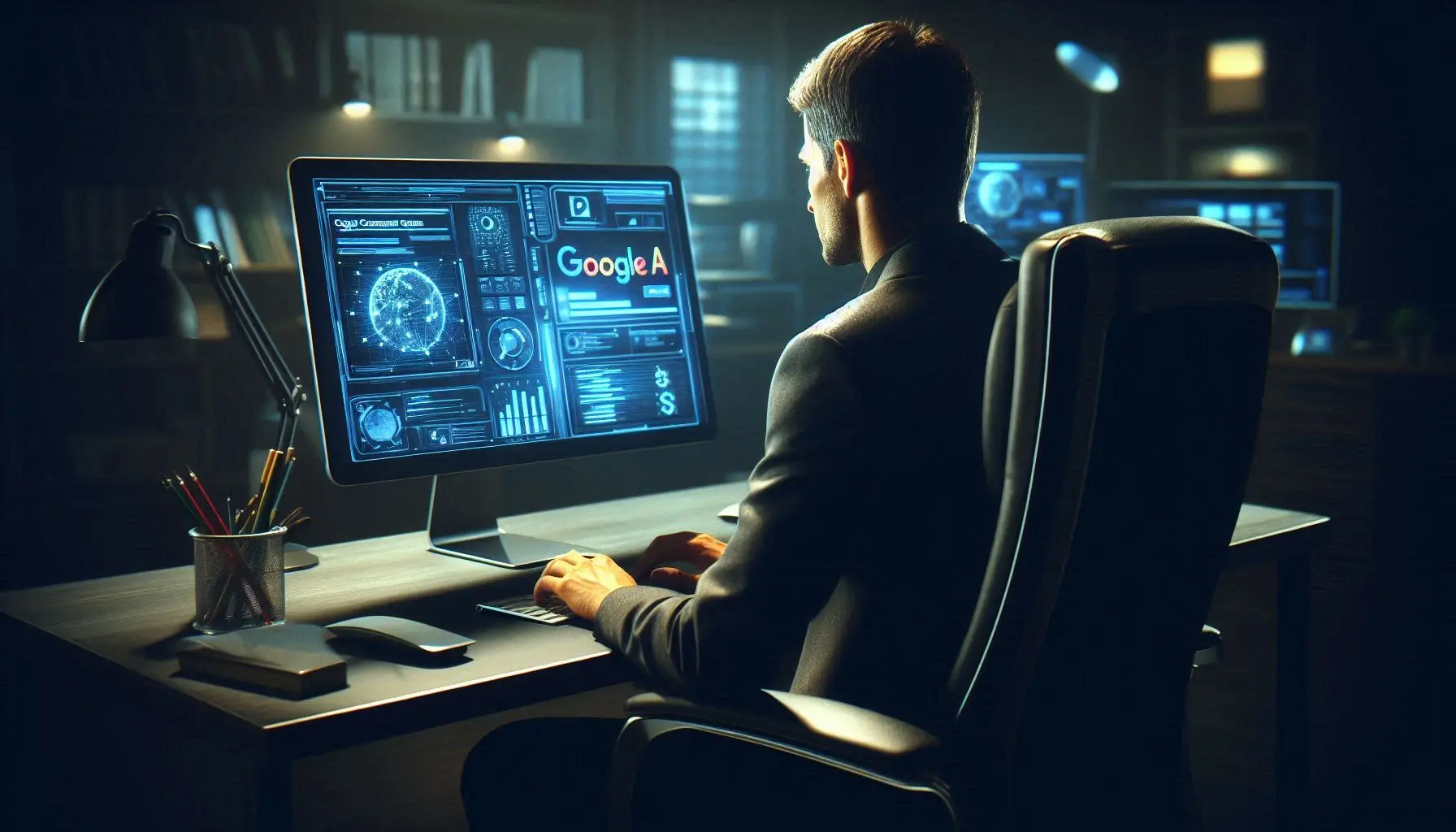 A man in a chair, sitting in a dark room working on a Google Ads campaign at his computer desk.