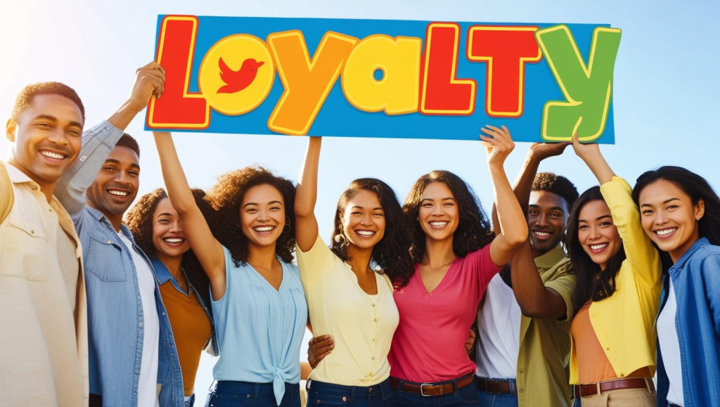 A diverse group of friends holding up a sign that says Loyalty on it.