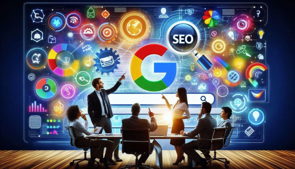 A multicultural team consisting of a Caucasian man, an Asian woman, and a Hispanic person gathered around a large screen displaying the biggest SEO company logos.