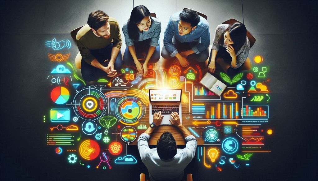 A multicultural team consisting of a Caucasian man, an Asian woman, and a Hispanic person gathered around a sleek, modern laptop. They are engaged in discussion about content marketing in regards to personalization.