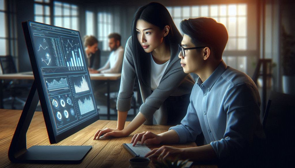 Two individuals, an Asian man, and a Hispanic woman, are gathered around a monitor. They are deeply focused on the analytics and graphs displayed on the monitor. The environment suggests teamwork with elements like office tables and chairs in the background, showcasing the analytical side of the consumer's journey. The scene is depicted in a realistic style, capturing the intensity of their conversation without any text or words present.