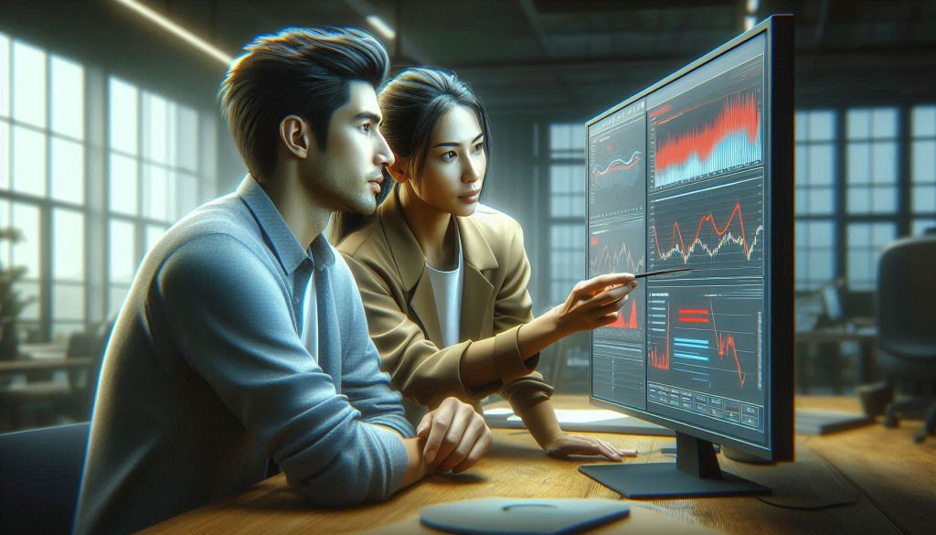 Two individuals, an Asian man, and a Hispanic woman, are gathered around a monitor. They are deeply focused on the analytics and graphs displayed on the monitor as the woman points to a red warning on the screen. The environment suggests teamwork with elements like office tables and chairs in the background, showcasing the analytical side of the consumer's journey. The scene is depicted in a realistic style.