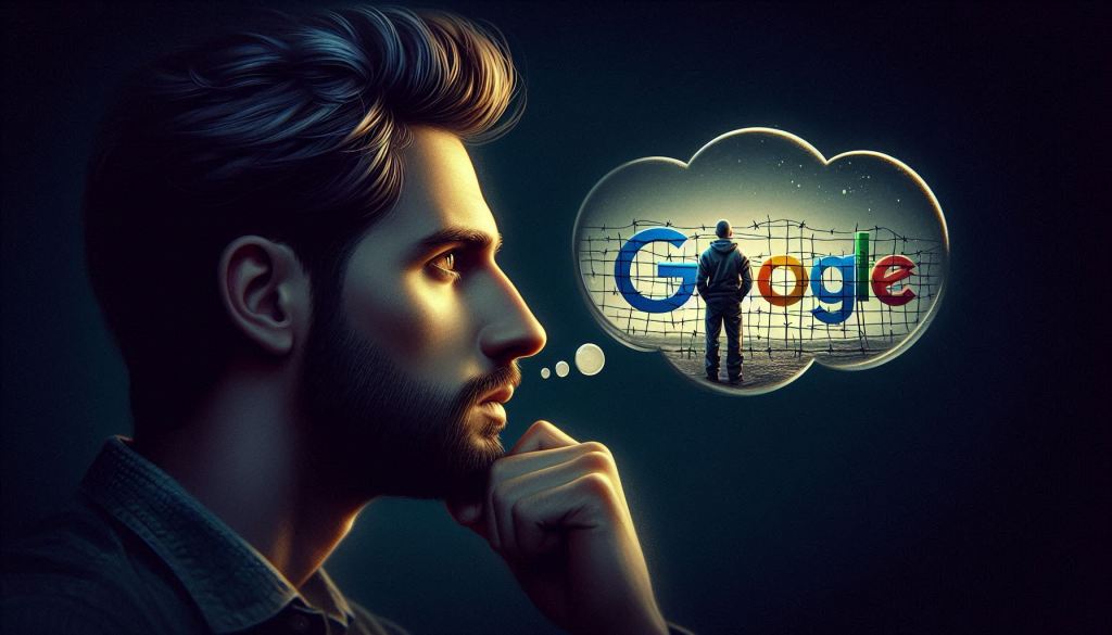 A close-up of a young man deep in thought. A thought bubble appears with the Google logo and a barricade inside of the bubble, showing a man thinking of ways to avoid Google's Default Blocklist.