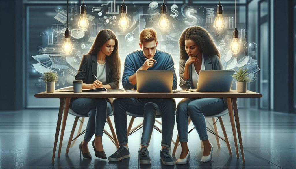 Three diverse individuals, a Caucasian woman, an Asian man, and a Hispanic woman, are seated around a modern table in a state-of-the-art workplace. They are deeply focused on their laptops and notebooks, engaged in a collaborative discussion about Google's Default Blocklist..