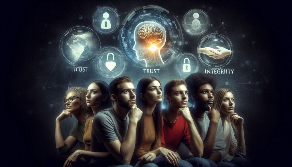 A diverse group of friends deep in thought. Above the group are images floating displaying trust, and integrity. The image should be in dark colors and in a photorealistic style.