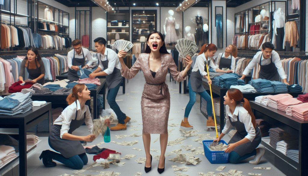 An Asian woman wearing an expensive dress is in the middle of a slow retail clothing store. She frantically waves money in an attempt to get the attention of a diverse group of sales representatives who are completing daily tasks rather than noticing the potential customer. Showcasing the importance of customer attention and not making large lead generation mistakes.