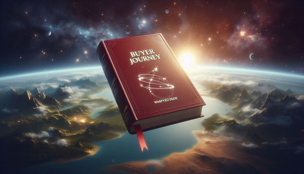 A book floating in the vastness of space. It is a beautiful red leatherbound book with a cover showcasing the title "Buyer Journey" and it is authored by WarpedDude.