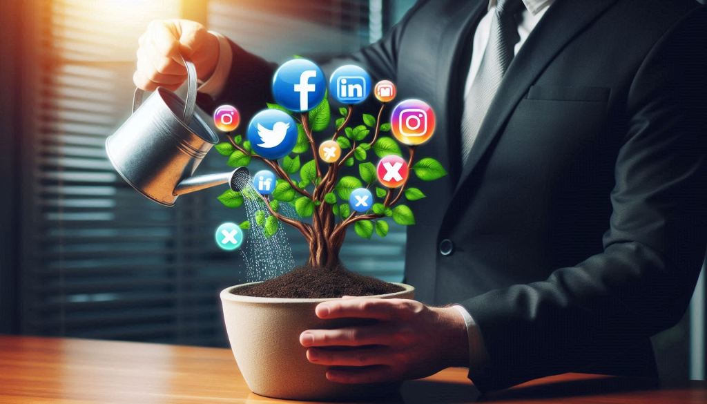 An image of a plant inside of a modest planter. The plant is flowering but instead of flowers social media icons are budding from the branches - facebook, LinkedIn, Instagram, X. The plant is inside of an office as a well-dressed businessman waters it. Avoiding the se lead generation mistakes of not nurturing leads.