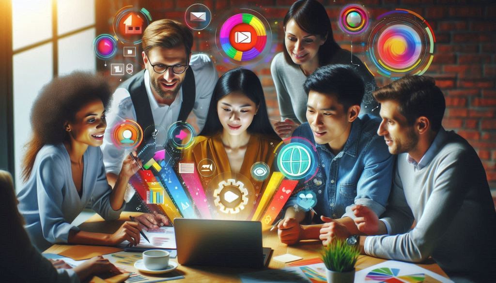 A multicultural team consisting of a Caucasian man, an Asian woman, and a Hispanic person gathered around a sleek, modern laptop discussing different approaches to reaching their leads with different platforms.