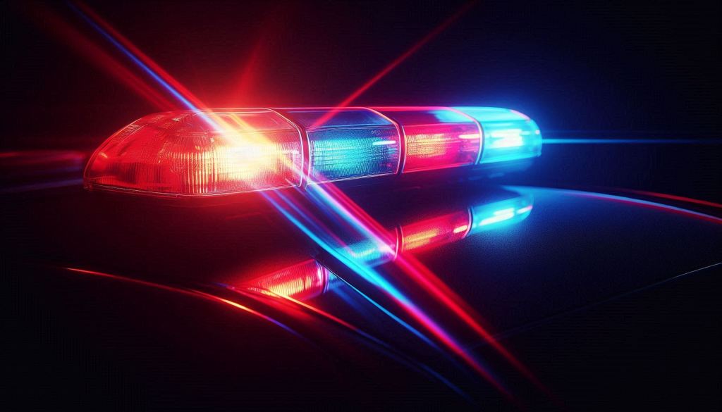 A vivid close-up of a police car's emergency light bar, glowing brightly against a pitch-black background. The red and blue lights are flashing, casting colorful reflections and subtle flares into the darkness. The light bar is modern and sleek, with intense beams of light cutting through the dark void, creating a stark contrast between the vibrant colors and the surrounding blackness.