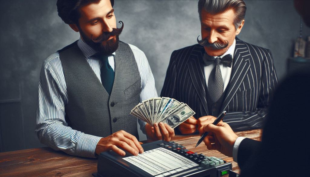 An image of a well dressed businessman at a cash register. He hands the cashier (a middle-aged man with a mustache that curls up at the ends) three hundred dollar bills and the cashier gives him a list of customers-names, phone number, addresses, and email. Showing the importance of contacting people who have opted in.