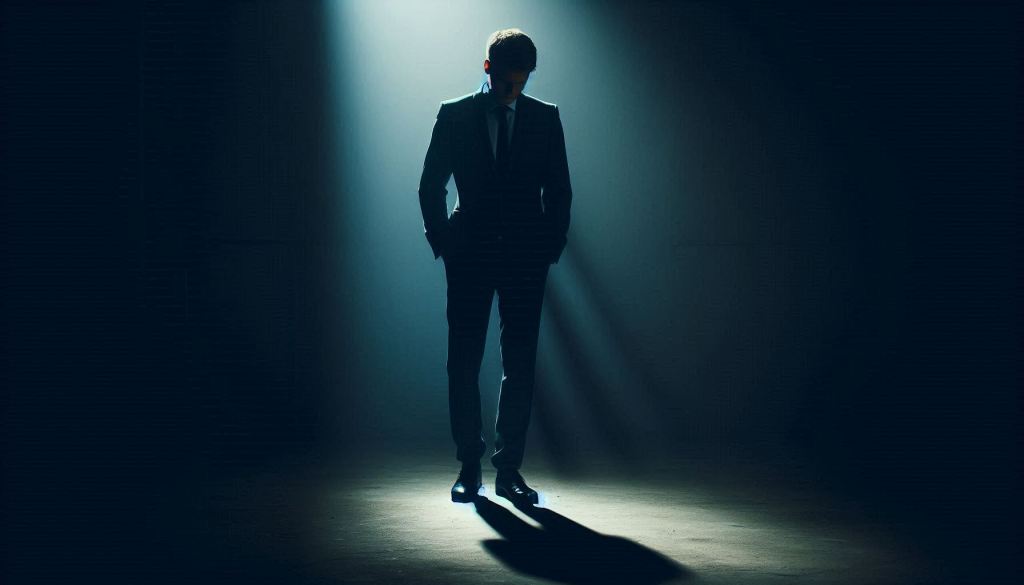 A lone businessman standing in a dimly lit, shadowy room with a somber expression. His suit is slightly disheveled, and his pockets are turned inside out, revealing that he has nothing. The darkness around him emphasizes his isolation and emptiness, with only a faint light from above casting a soft glow on his figure. The atmosphere feels heavy and melancholic, with the shadows stretching long behind him, symbolizing loss and uncertainty. The overall mood is one of financial struggle and defeat.