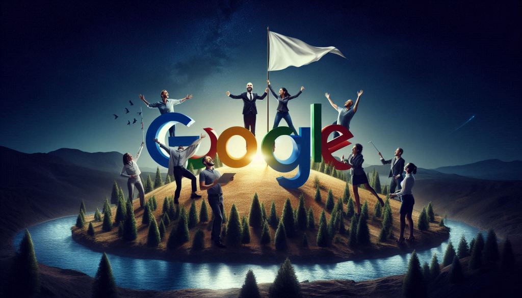 A diverse group of small business owners, including a Caucasian man, a Hispanic woman, and a middle-eastern woman, are gathered around a plot of land with a giant Google logo covering most of the surface. They are animatedly holding a pole with a flag planting into the ground. The image is set to show successfully claiming GMB for Local Search Engine Optimization.