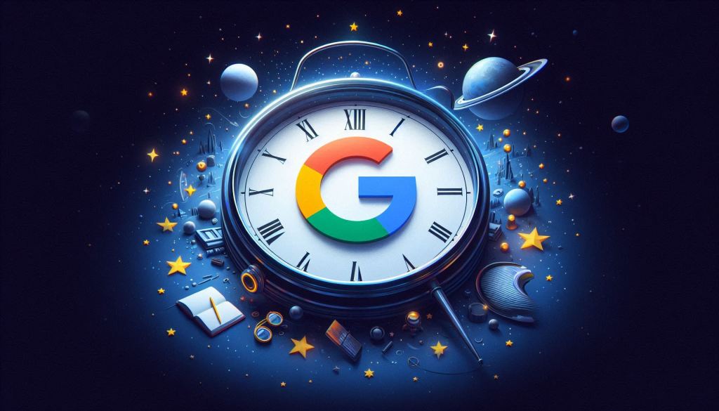 A large clock with the Google logo on its face is ticking away in space. There are stars scattered throughout the background. The clock is inviting regular posting as a strategy included in the local seo checklist.