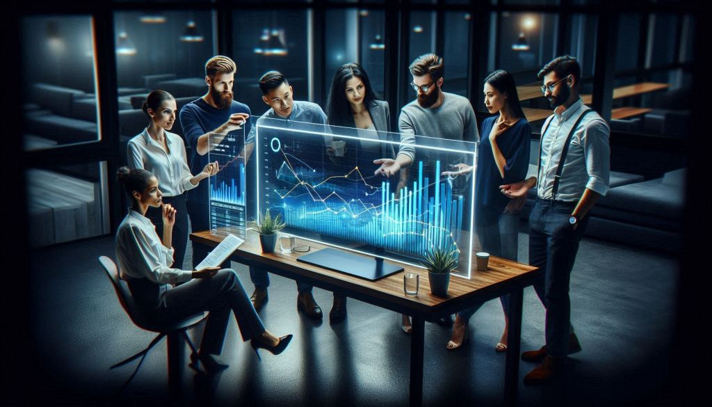 A diverse group of small business owners, including a Caucasian woman, a Hispanic man, an Asian woman, and a Middle-Eastern man, are gathered around a large, modern computer monitor. They are animatedly discussing the charts and graphs that appear to be floating off screen as they utilize local SEO best practices with data-analytics.