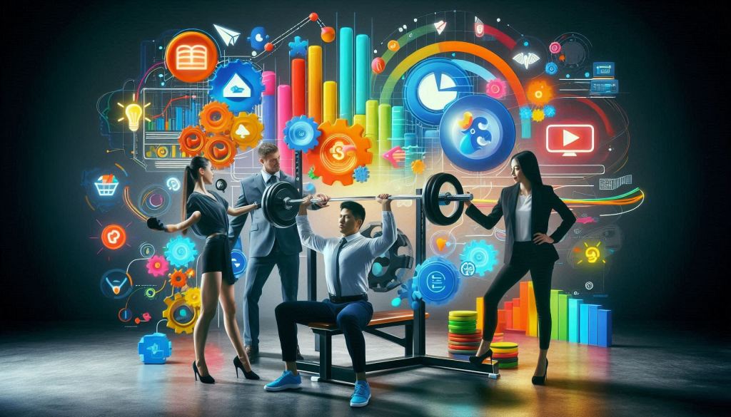 A multicultural team consisting of a Caucasian man, an Asian woman, and a Hispanic person gathered around a sleek, modern bench-press. They are lifting weights, surrounded by vibrant colors and symbols representing content marketing, including a colorful infographic chart representing a blog post, highlighting the power of lead generation through content marketing.