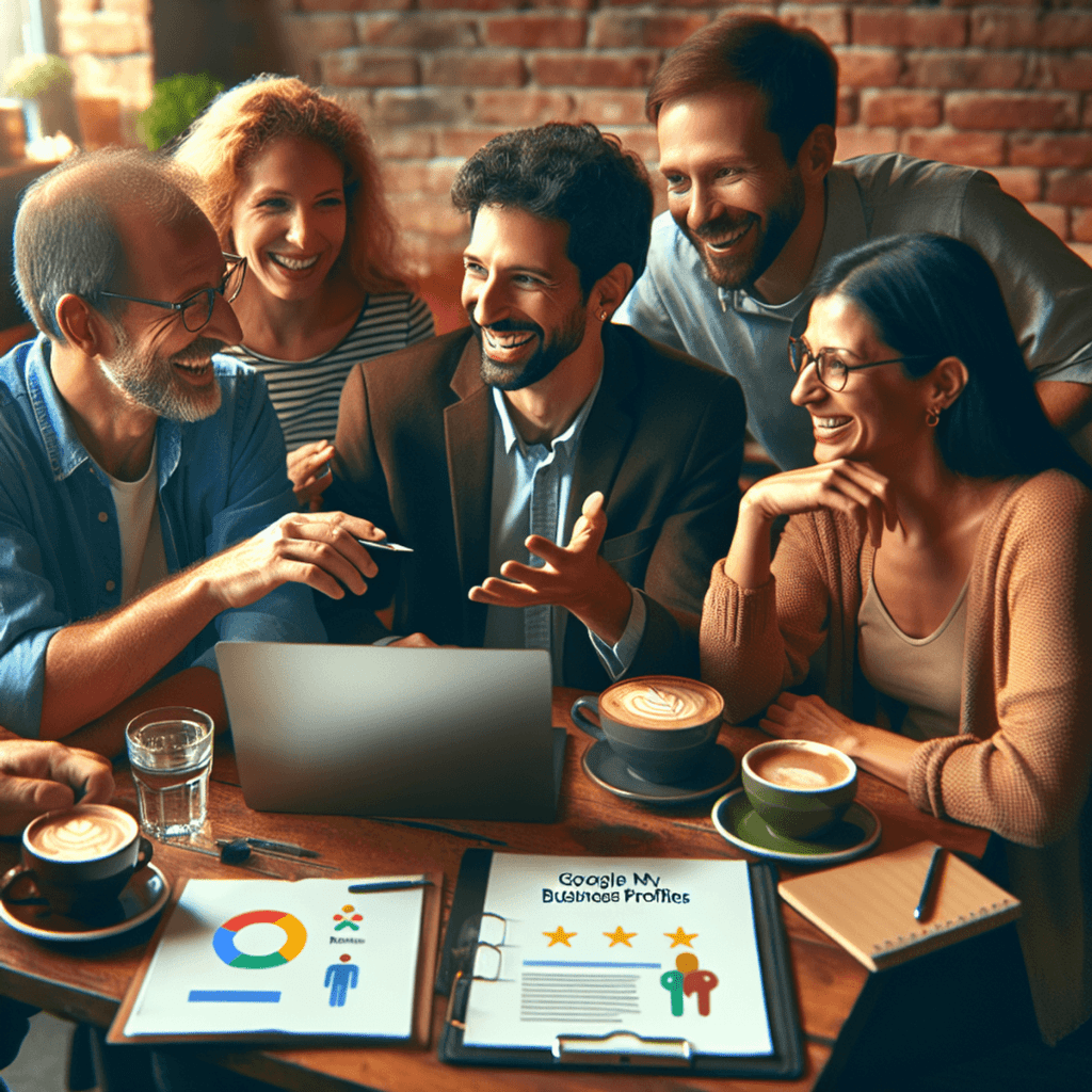 A diverse group of small business owners, including a Caucasian woman, a Hispanic man, and an Asian woman, are gathered around a laptop in a cozy coffee shop. They are animatedly discussing their online business profiles, with coffee cups and notepads scattered on the table. The warm ambiance of the shop is enhanced by soft lighting and wooden decor, creating an inviting atmosphere for collaboration and success with Google My Business Optimization.