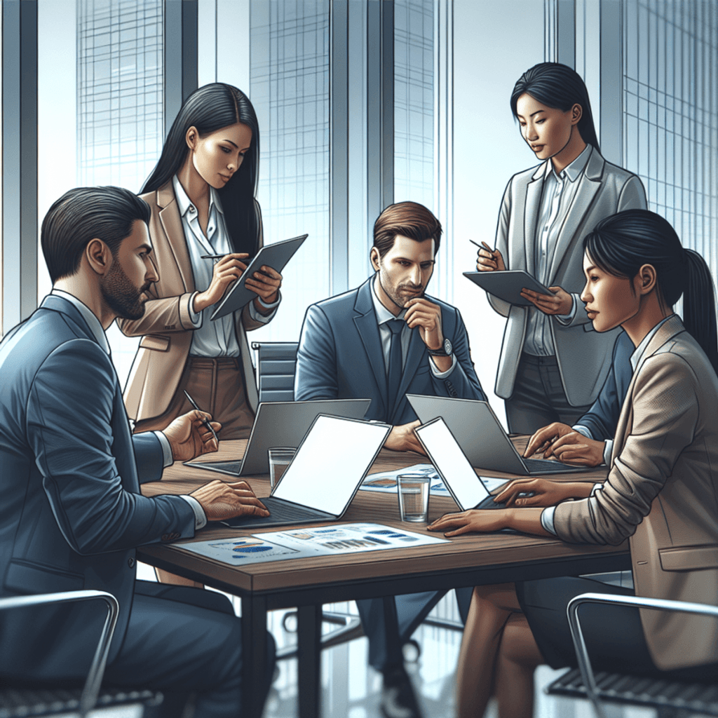 A diverse group of three business professionals—a Caucasian woman, a Hispanic man, and an Asian man—are seated around a sleek conference table in a mo