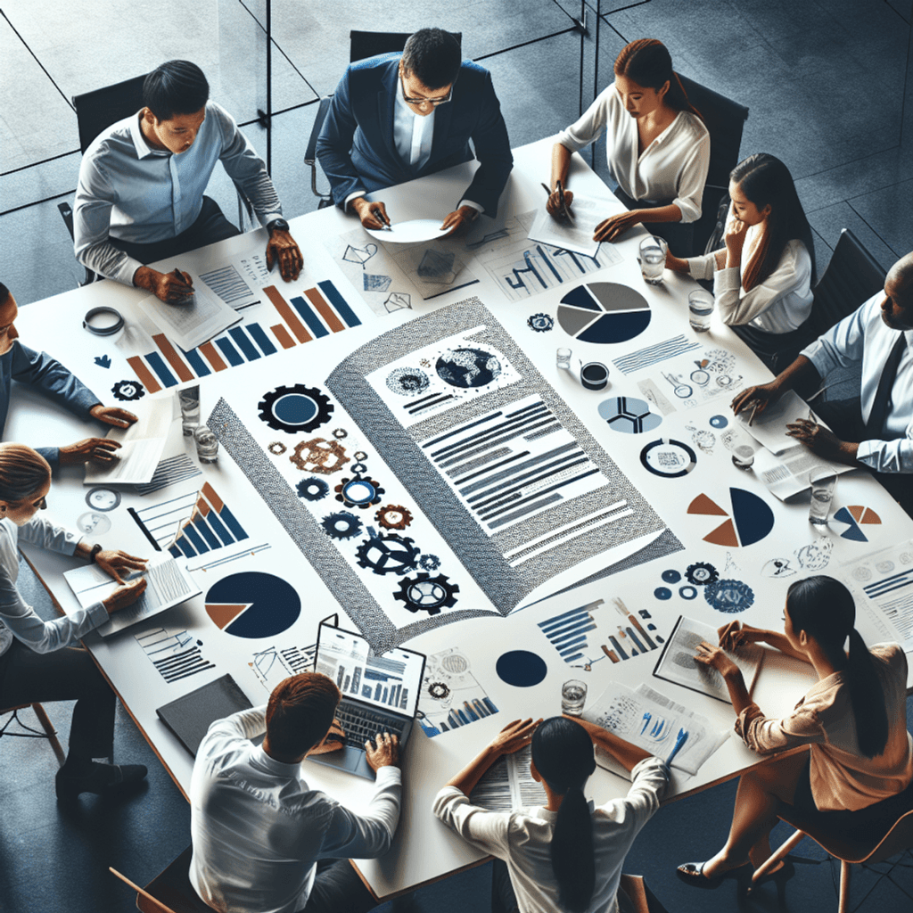 A modern multicultural office scene featuring a diverse group of professionals, including a Caucasian man, an Asian woman, and a Hispanic woman, colla
