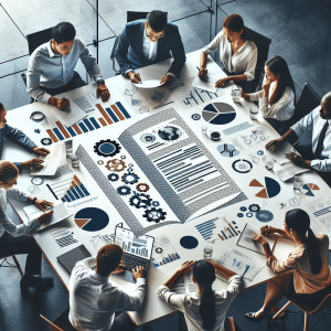 A modern multicultural office scene featuring a diverse group of professionals, including a Caucasian man, an Asian woman, and a Hispanic woman, colla
