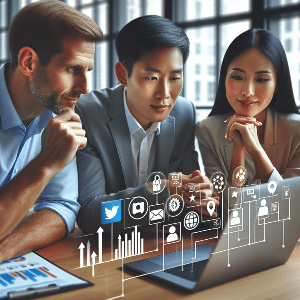 A Caucasian man, an Asian woman, and a Hispanic woman are seated around a laptop in a bright office environment, engaged in deep discussion. The laptop is displaying social media icons displaying the importance of social media marketing tips.