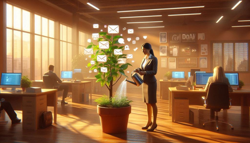 A realistic image of a house plant inside of a well-lit office at midday with a professionally dressed middle-aged Hispanic woman watering the small plant. The plant is flowering digital 3d images 70% are of email envelopes and the rest are social media icons, like facebook, x, Instagram, and LinkedIn. The setting is warm colors with light pouring into the room from two windows. The office is decorated with motivational posters and various office equipment as workers busily move about the room completing office tasks.