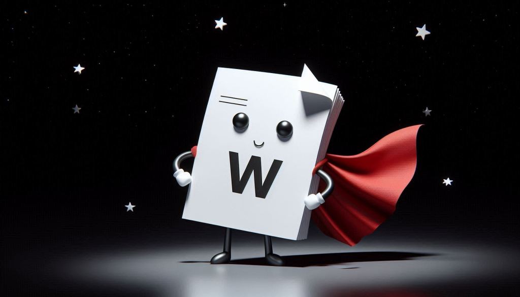 an adorable blank white sheet of paper is dressed up like a superhero with the hero logo of "W" embroidered on its chest. The adorable blank white sheet of paper has tied a red cape around its neck and it is flying into black space with several stars in the far distance. The image is to showcase harnessing the power of white papers for B2B Lead Generation.