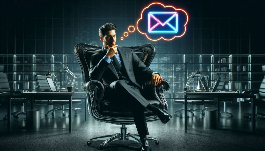 A realistic image of a caucasian man in business professional attire is sitting on an extravagant modern office chair. There is a thought bubble over the man's head with a neon-colored email envelope in it, brainstorming email marketing campaign ideas. His hand is resting on his chin while he is in deep thought like Michelangelo's The Thinker. The setting is inside a very modern dark office space at night, with metal and glass office supplies in various locations.
