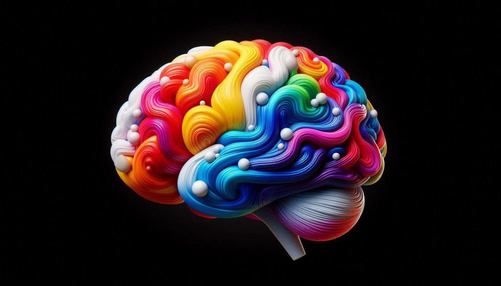 A 3d image of a brain in a swirl of bright colors. The brain is surrounded by black. The image is intended to convey the psychological affect of colors in web design.