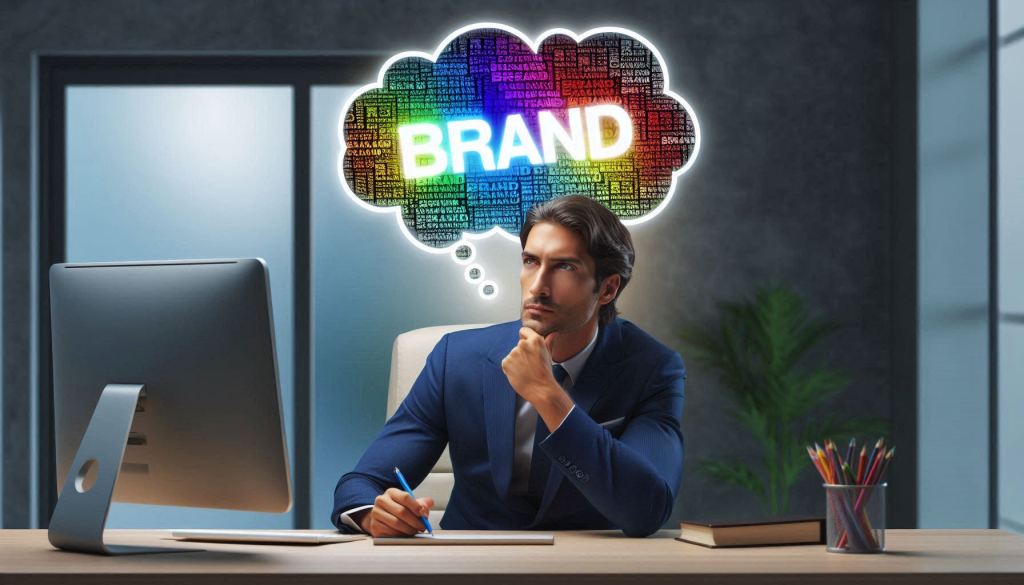 A realistic image of a professionally dressed man sitting at a computer desk deep in thought. Above the mans head is a thought bubble with the word "Brand" in it with all the letters in different colors. The man's office is very modern but with little lighting. The image is intended to convey the importance of color in branding.