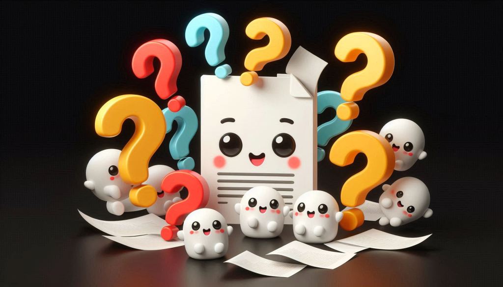 A group of 10 or more differently colored question marks are floating around a black background. They are meant to show the FAQs for White Paper Marketing. The Adorable blank white papers are in a 3D illustrated animation style.