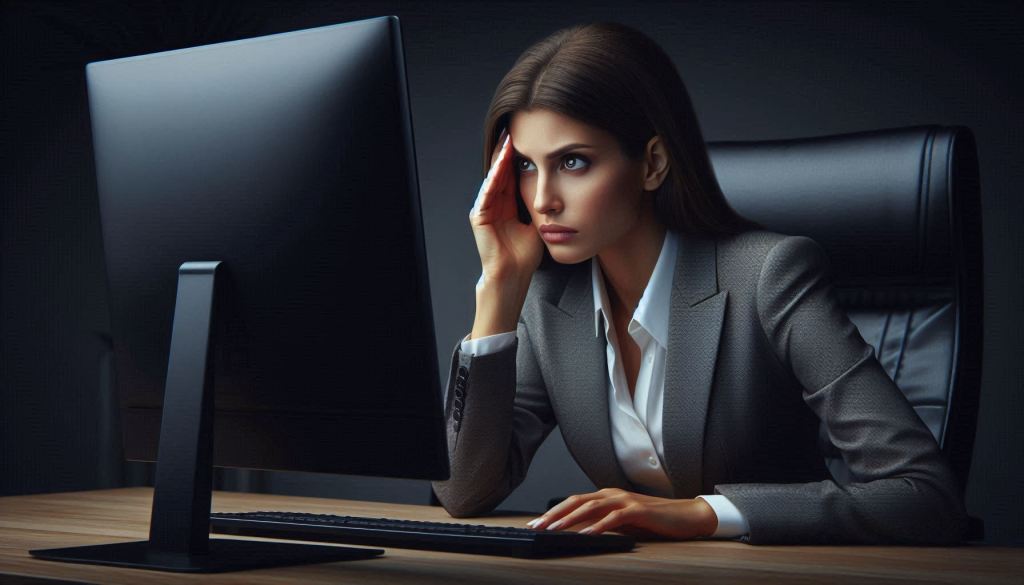 A realistic image of a professionally dressed woman sitting at a computer desk staring intently at her monitor. She is struggling to make out anything on the screen and appears slightly frustrated. The woman's office is very modern and dark. The image is intended to convey the importance of color accessibility in web design.