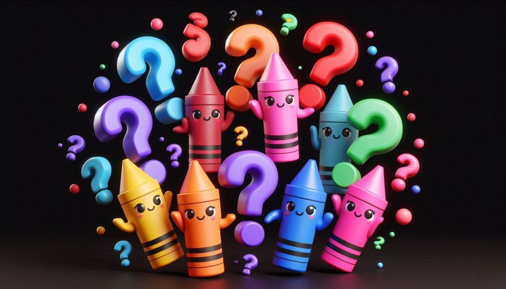 A group of 10 or more differently colored question marks are floating around a black background. They are meant to show the FAQs for color psychology in web design. The Adorable crayons are in a 3D illustrated animation style.