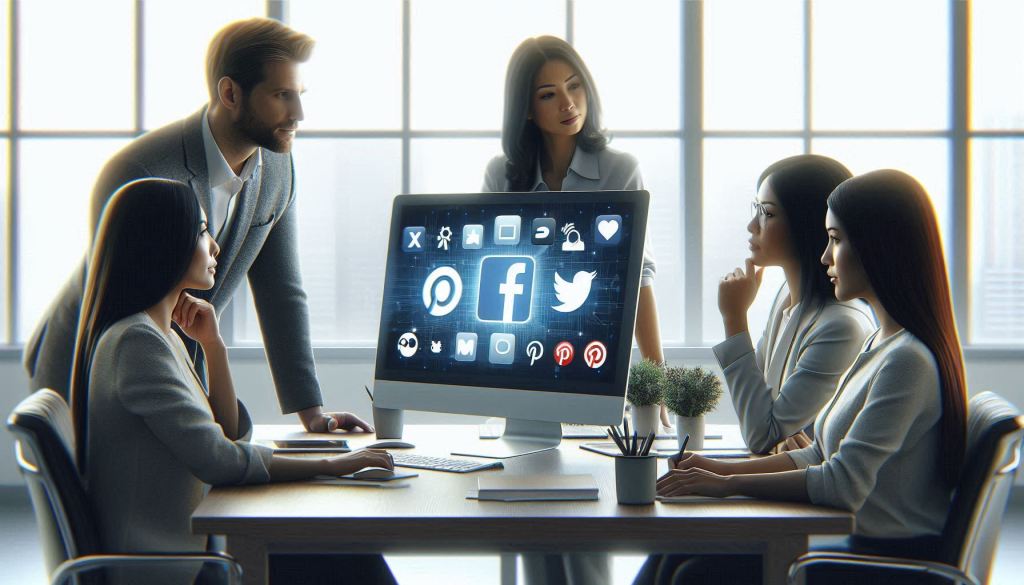 A Caucasian man, an Asian woman, and a Hispanic woman are seated around a computer monitor in a bright office environment, engaged in deep discussion. The monitor is displaying a host of social media icons, X, facebook, instagram, pinterest, and search engine icons Google, Bing, and Yahoo. The people all appear to be strategizing or discussing ways they can implement social media marketing tips. The image is realistic in nature demonstrating a clear need for understanding as the best of our effective social media marketing tips.
