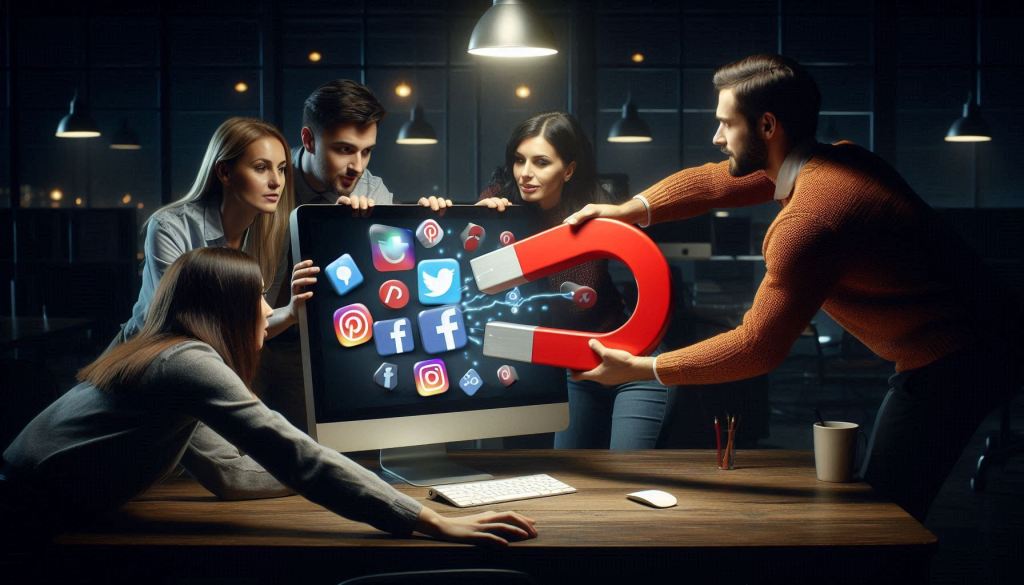 A Caucasian woman, an Asian man, and a Hispanic woman are seated around a computer monitor in a dark office environment, holding a horseshoe magnet and pointing it at a computer monitor. The monitor is displaying a host of social media icons, X, facebook, instagram, pinterest, and search engine icons Google, Bing, and Yahoo. The people all appear to be struggling with holding the magnet while it appears to be attracting social media icons showing the importance of social media marketing tips. The image is realistic in nature and showcases lead magnets as engaging social media content.