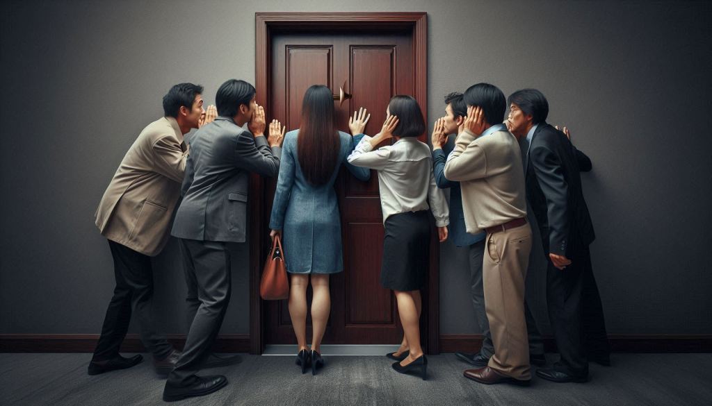 A Asian man, an Asian woman, and a Hispanic man are standing outside a closed door, everyone is crowding around with their ears pressed against the door, trying to listen to the other side of the door. The door is dark brown wood and the people all appear to be interested in what the woman might be hearing. The image is realistic in nature.