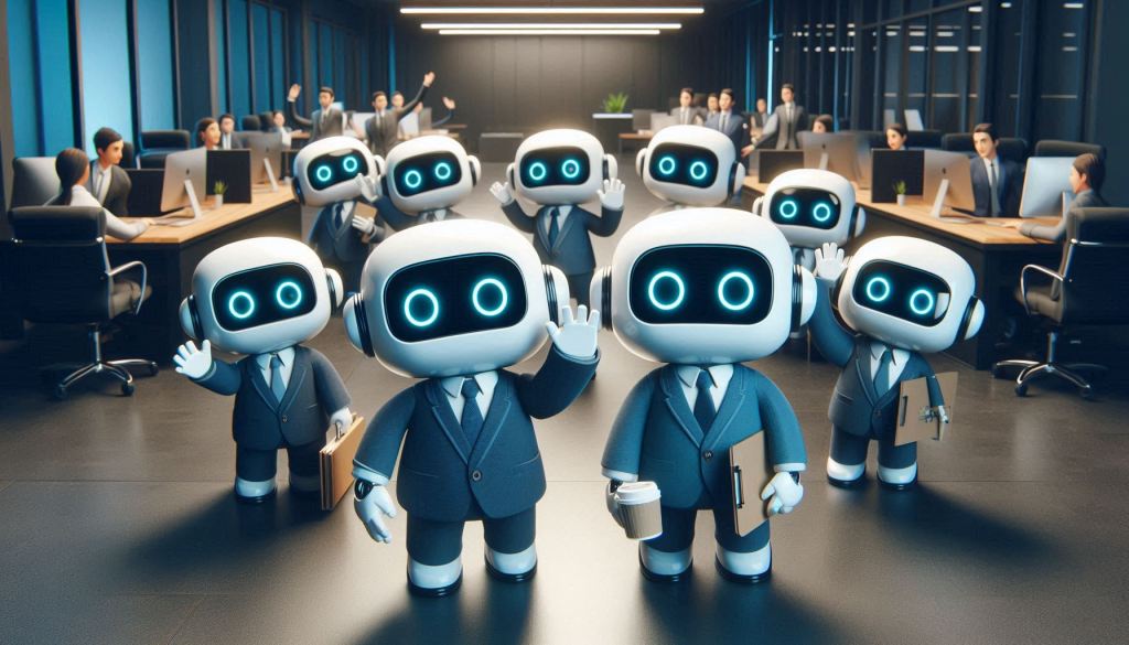 A group of 6 adorable robots at the office waving forward, desperately trying to get attention. They are wearing suits with some holding clipboards and others holding coffee. The office setting is modern and dark with cool lighting intended to showcase ai lead generation adoption in the office. The robots are in a 3D illustrated animation style.