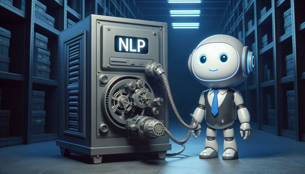 An adorable robot connected to a large industrial generator wearing a suit. The generator has the letters "NLP" written on it. The generator is in a dark storeroom setting with cool lighting intended to showcase the importance of chatbots powered by NLP. The robot is in a 3D illustrated animation style.